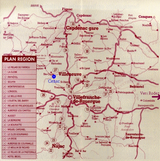 Carte des voisinages de Villeneuve d'Aveyron avec les htels